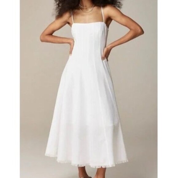 J. Crew Seamed Flare Midi Dress Linen Blend Square Neck  Maxi, White 14 - Picture 1 of 9